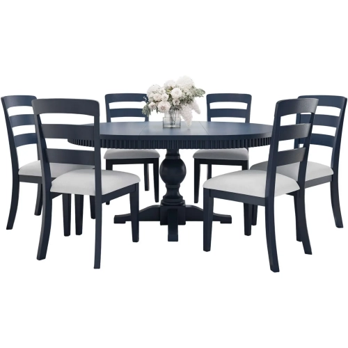 Westport 7 Piece 66" Pedestal Dining Set in Navy Blue Wood & Neutral Fabric