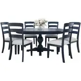 Westport 7 Piece 66" Pedestal Dining Set in Navy Blue Wood & Neutral Fabric