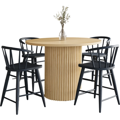 Auden 5 Piece Counter Dining Set w/ Round Table & Spindle Stools in Black & Natural Wood