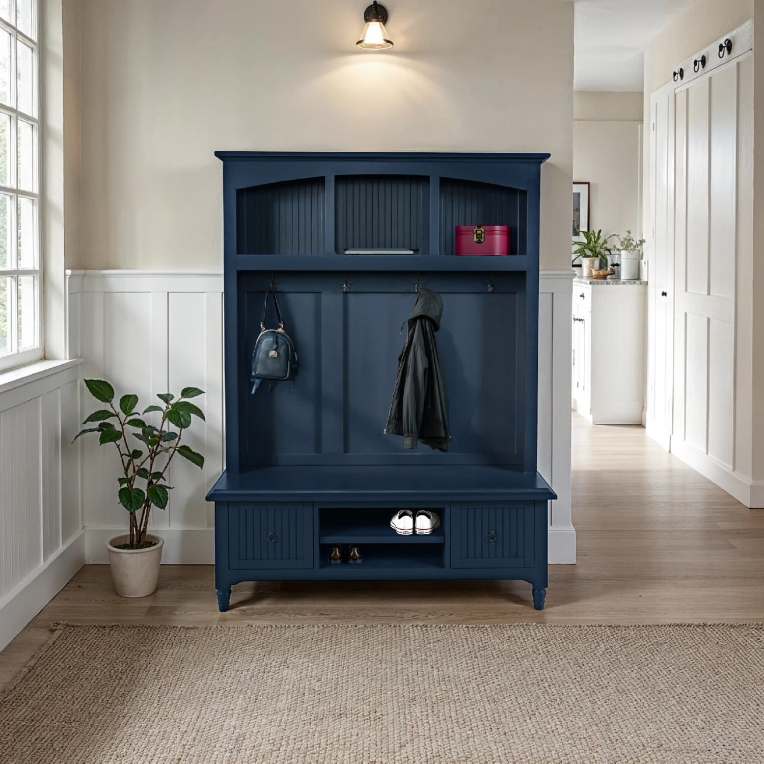 Jofran 2546-HTTBKT Westport Hall Tree with Storage Bench in Navy