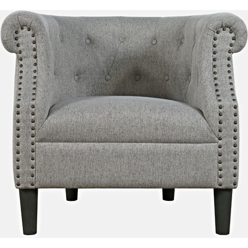 Lily Barrel Curved Back Accent Chair in Tufted Ash Gray Fabric with Nailhead Trim
