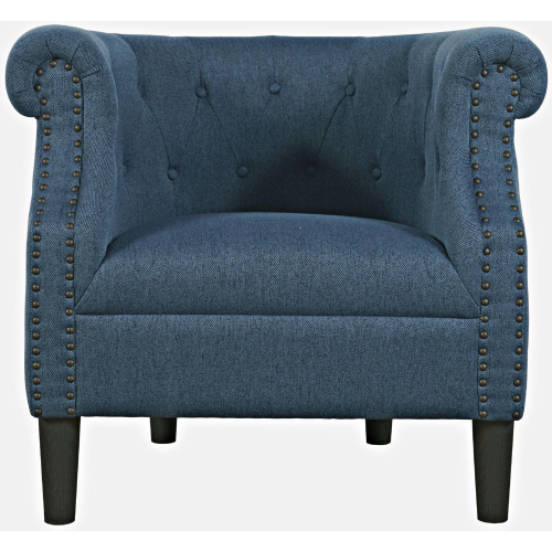 Lily Barrel Curved Back Accent Chair in Tufted Blue Fabric with Nailhead Trim