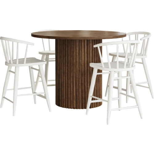 Auden 5 Piece Counter Dining Set w/ Round Table & Spindle Stools in White & Chestnut Wood