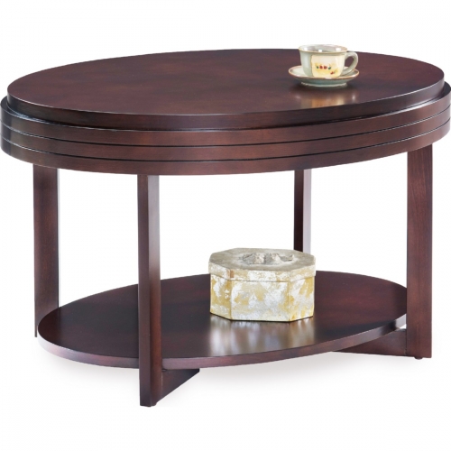 Oval Small Coffee Table in Chocolate Cherry Finish with Diamond Match Top