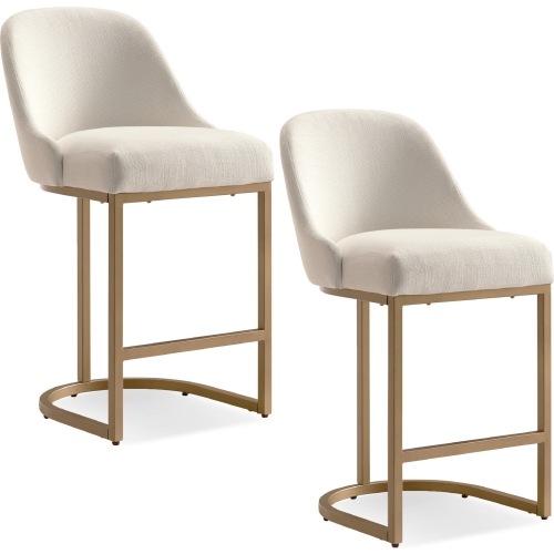 Barrelback Counter Height Stool in White Fabric & Gold Metal (Set of 2)