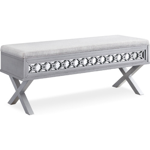 Mirrored Diamond Filigree X Base Bench in Silver Leaf & Gray Linen