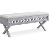 Mirrored Diamond Filigree X Base Bench in Silver Leaf & Gray Linen