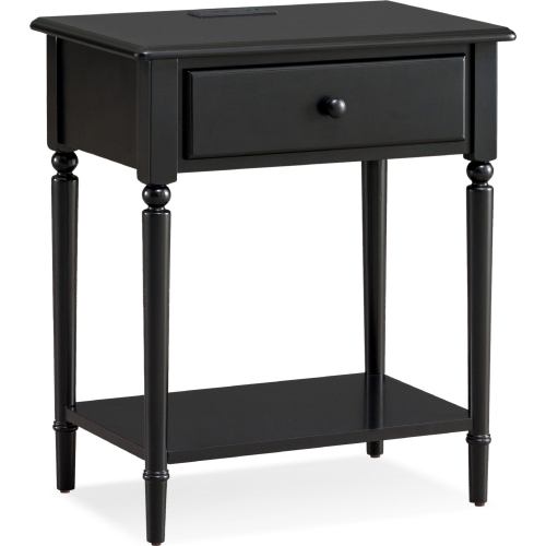 Coastal 1 Drawer Nightstand Side Table with Charging in Swan Black Finish Wood