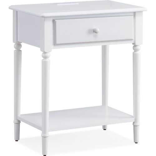Coastal 1 Drawer Nightstand Side Table with Charging in Orchid White Finish Wood