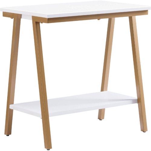 Empiria Narrow Side Table with Shelf in White & Satin Gold Metal