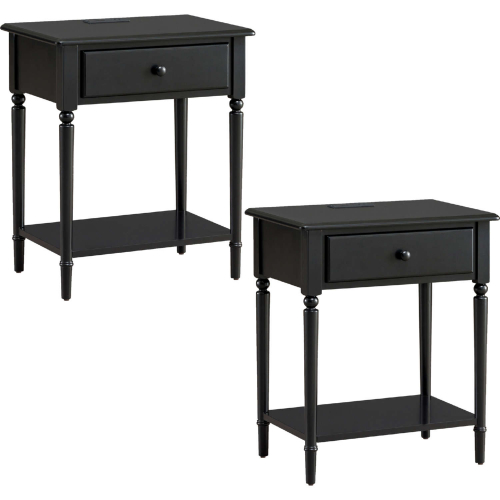 Coastal Nightstand Side Table with Charging Station in Swan Black (Set of 2)