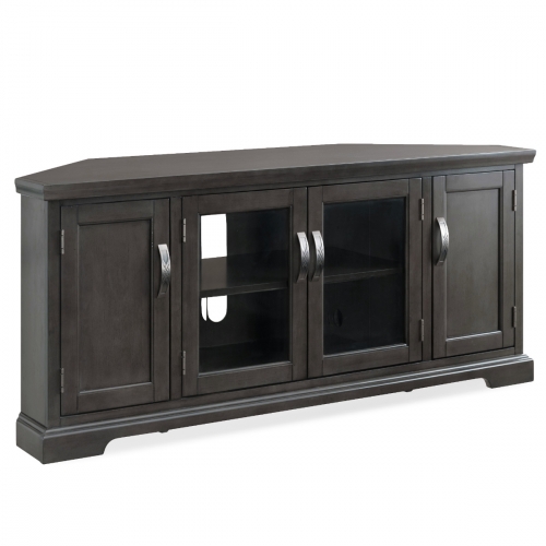 Gray 57" Corner TV Stand Console in Riverstone Finish with Pewter Hardware