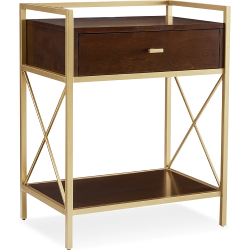 9069 1 Drawer Nightstand Side Table with Charging Station in Walnut Finish Wood & Gold