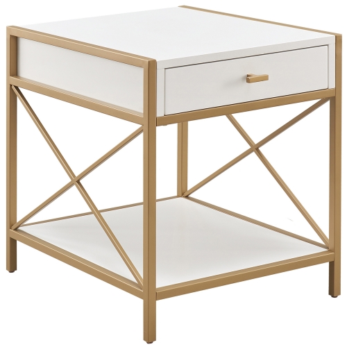 Claudette Mixed Metal & Wood Drawer End Table in White & Gold