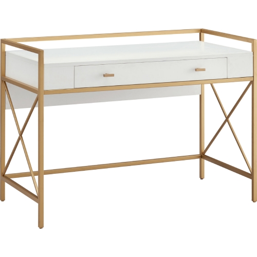 Claudette Desk in with Drop Front Keyboard Drawer in White & Gold