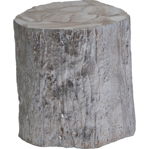 Trunk Segment Spot End Table in Silver Leaf & Fossilized White Clam Shell