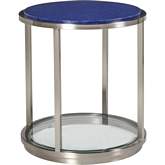 Ultramarine Round End Side Table in Blue Glass & Brushed Stainless