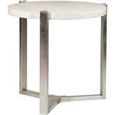 Denizen Round Lamp Side Table in White Travertine & Iron