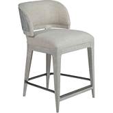 Olivia Counter Stool in Ivory Taupe Fabric, Gray Wood & Silver Leaf