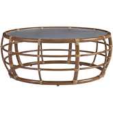 Sandpiper Bay Outdoor 42" Round Cocktail Coffee Table in Wood Look Metal & Wavy Glass