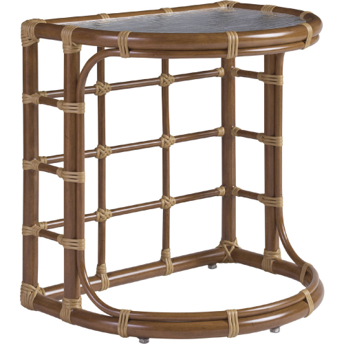 Sandpiper Bay Outdoor Demilune End Table in Wood Look Metal & Wavy Glass