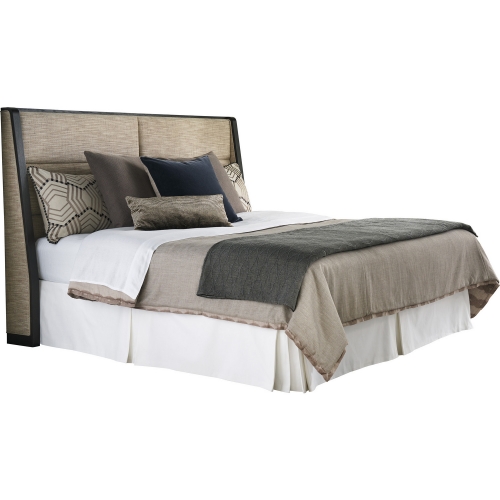 Barcelona CA King Headboard in Dark Wood & Ivory, Taupe & Brown Fabric