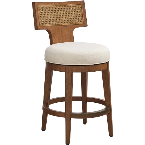 Calavera Swivel Counter Stool in Wood, Cane & Sailview Linen Weave Fabric
