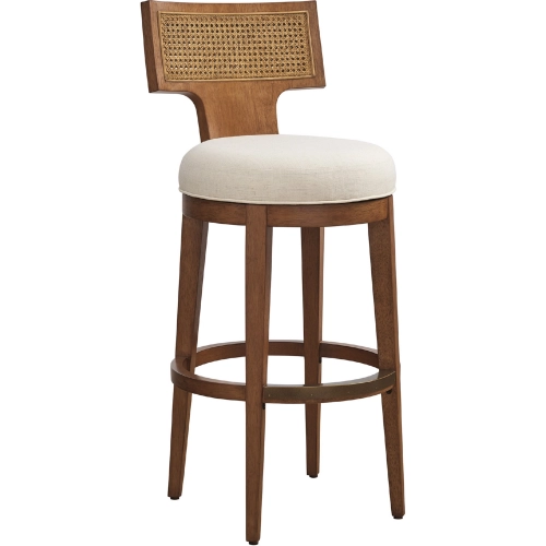 Calavera Swivel Bar Stool in Wood, Cane & Sailview Linen Weave Fabric