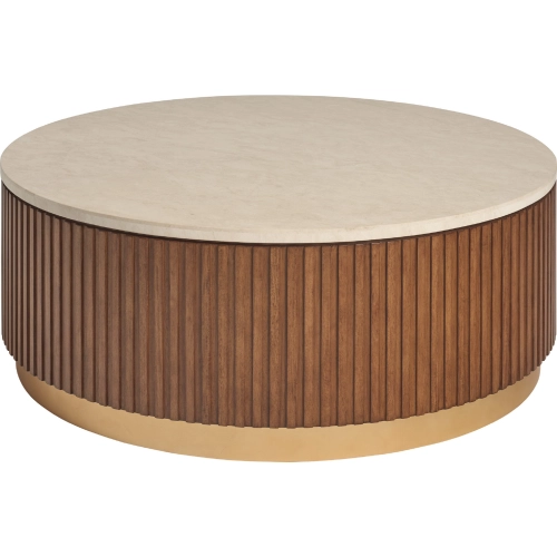 Avenida Round Cocktail Coffee Table in Wood & Anticato Marble Veneer