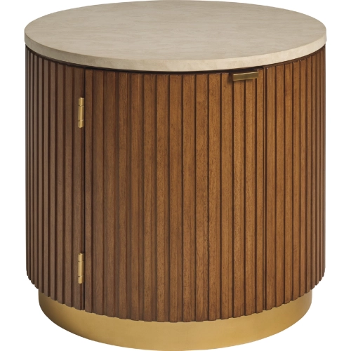Avenida Round End Table in Wood, Satin Gold Metal & Anticato Marble