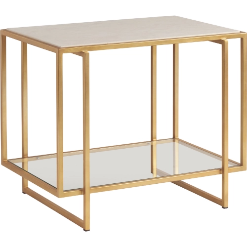 Pinnacle End Table in Satin Gold Metal, Tempered Glass & Anticato Marble