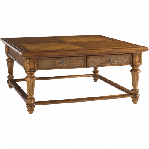 Boca 4 Drawer Cocktail Table in Woven Rattan & Brown Wood