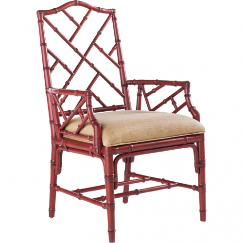 Ceylon Dining Arm Chair in Sangria Red Bamboo & Gold Sand Fabric (Set of 2)