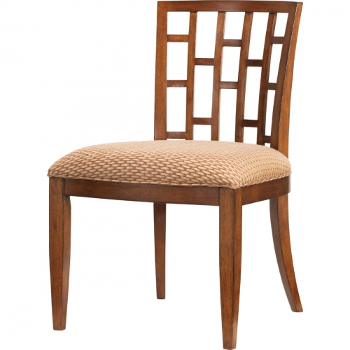 Lanai Grid Back Dining Side Chair in Bali with Tan & Rust Fabric (Set of 2)