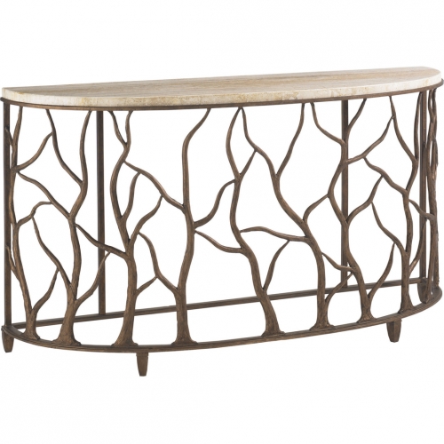 Bannister Garden Console Table in Travertine & Metal