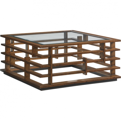 Nobu Square Cocktail Table in Fretwork Wood & Glass
