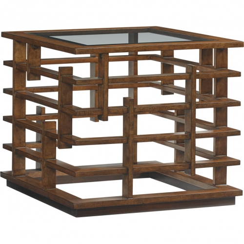 Nobu Square Lamp End Table in Fretwork Wood & Glass