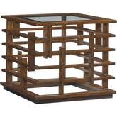 Nobu Square Lamp End Table in Fretwork Wood & Glass