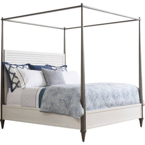 Coral Gables Poster Queen Bed in Shell White Wood & Pewter