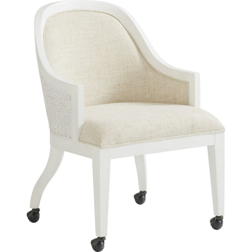 Bayview Dining Arm Chair in White Wood, Rattan & Sand White Fabric with Casters (Set of 2)