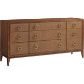 Paxton 9 Drawer Triple Dresser in Sierra Tan Wood & Raffia