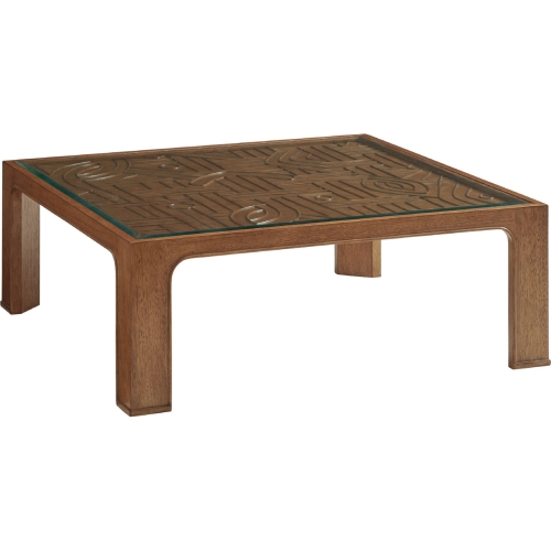 Redford Cocktail Table in Tan Wood, Pencil Rattan & Glass