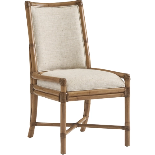 Oceanside Dining Side Chair in Leather Wrapped Rattan, Raffia & Ivory Taupe Fabric