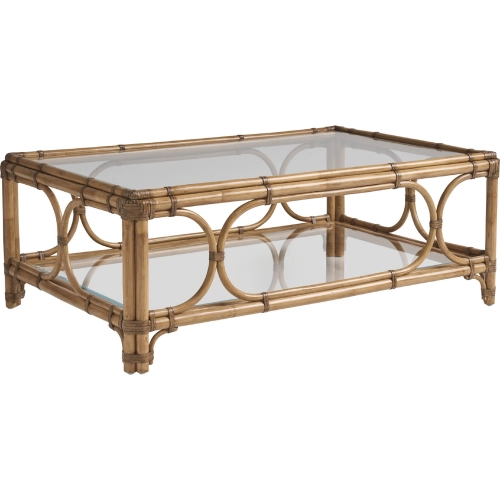 Deering Bay Cocktail Coffee Table in Leather Wrapped Rattan, Raffia & Glass
