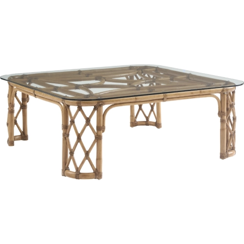 Coral Reef Square Cocktail Coffee Table in Rattan & Tempered Glass