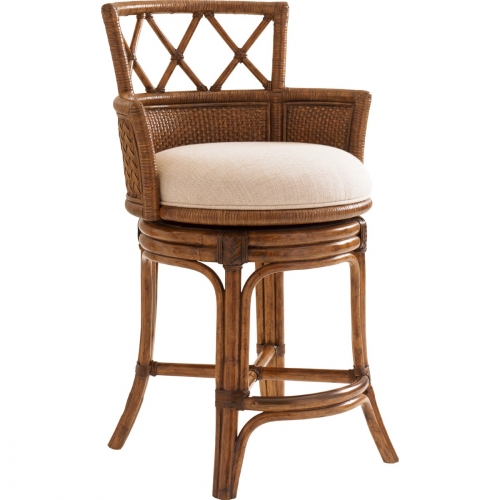 Kamala Bay Swivel Counter Stool with Herringbone Pattern Rattan Back & Sailcloth Fabric Seat