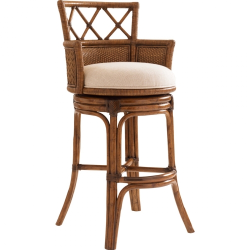 Kamala Bay Swivel Bar Stool with Herringbone Pattern Rattan Back & Sailcloth Fabric Seat