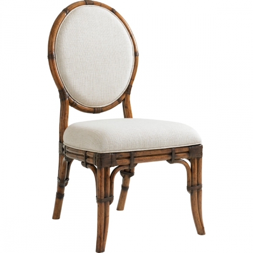 Gulfstream Oval Back Dining Chair with Leather Wrapped Bent Rattan Back & Sailcloth Fabric