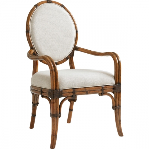 Gulfstream Oval Back Arm Dining Chair with Leather Wrapped Bent Rattan Back & Sailcloth Fabric