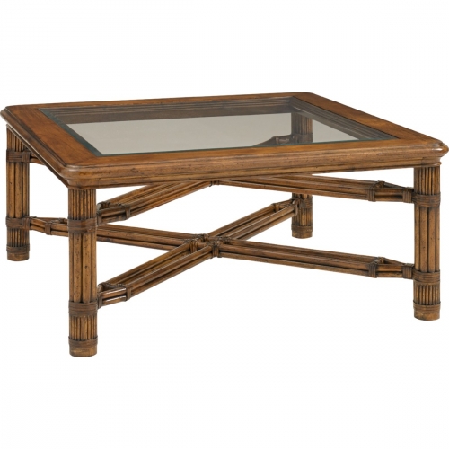 Capri Square Cocktail Table with Wood Framed Glass Top on Leather Wrapped Reeded Legs